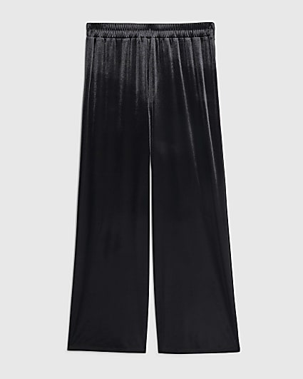 Petite Black Velvet Wide Leg Joggers