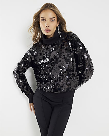 Black Knitted Sequin Roll Neck Jumper