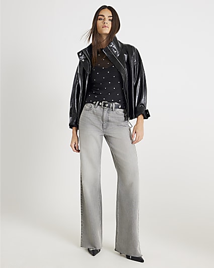 Black Mesh Long Sleeve Studded Top