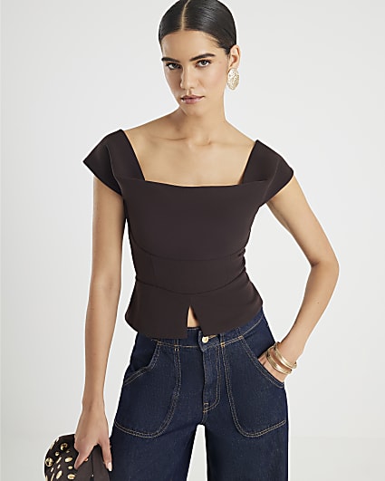 Brown Cowl neck Corset Top