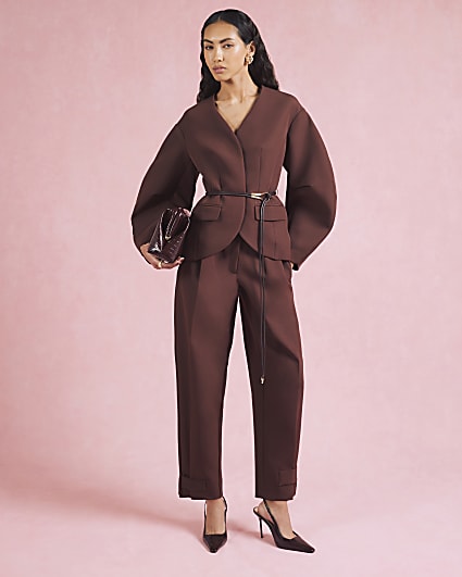 Brown Cocoon Sleeve Belted Blazer