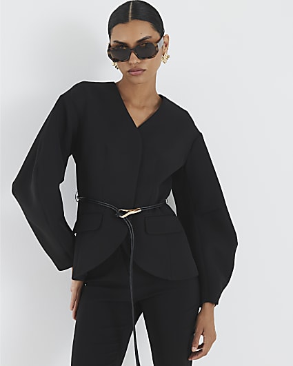 Black Cocoon Sleeve Belted Blazer