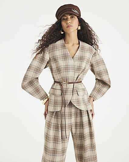 Brown Check Print Cocoon Belted Sleeve Blazer
