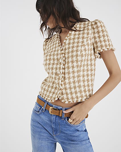 Brown Boucle Dogtooth Short Sleeve Top