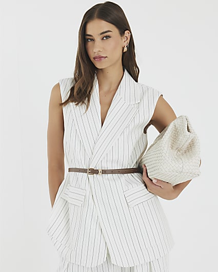 Cream Stripe Belted Sleeveless Waistcoat
