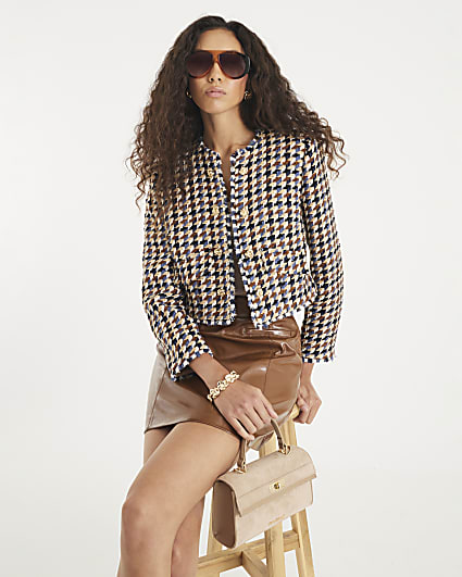 Brown Boucle Check Print Trophy Jacket