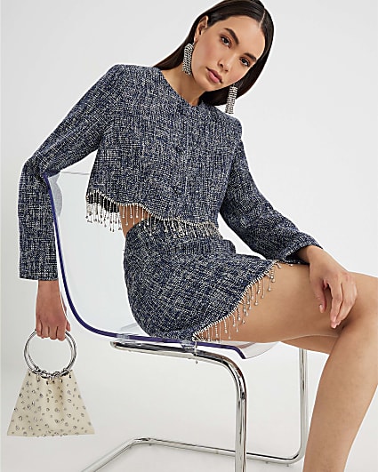 Blue Boucle Scallop Trim Diamante Mini Skirt