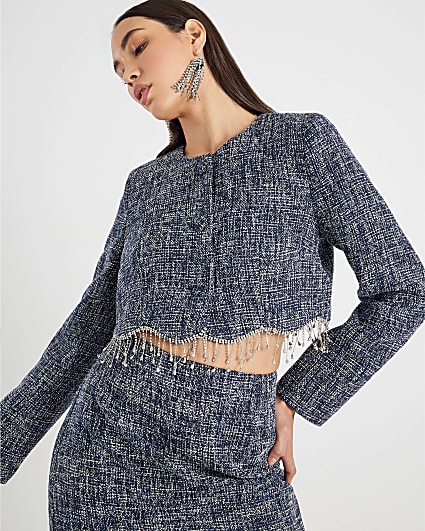 Blue Boucle Cropped Scallop Trim Jacket