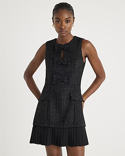 Black Boucle Bow Front Mini Dress