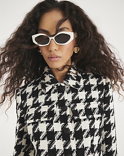 Black Boucle Dogtooth Print Cropped Jacket
