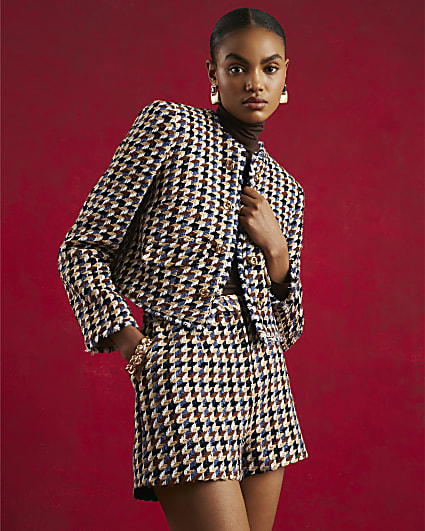 Brown Boucle Check Tailored Shorts