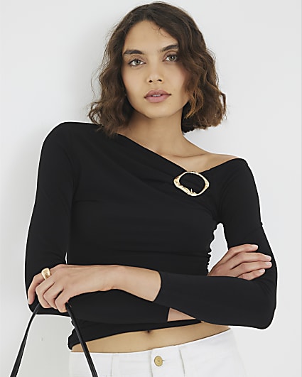 Black Long Sleeve Gold Trim Drape Top
