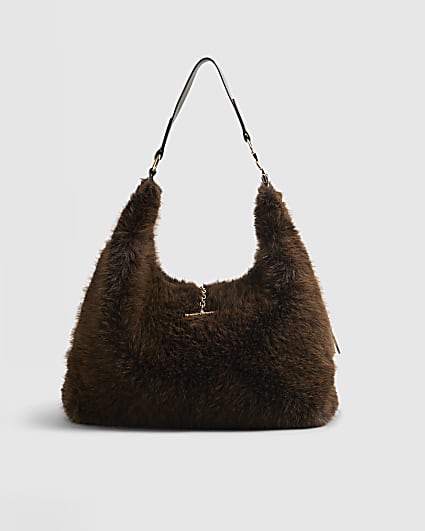 Brown Faux Fur Snaffle Slouch Bag