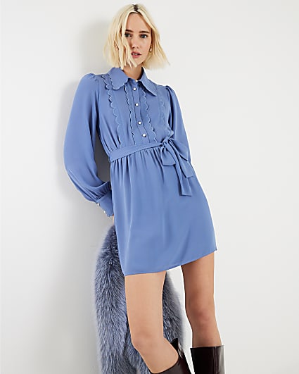 Blue Long Sleeve Scallop Trim Shirt Dress