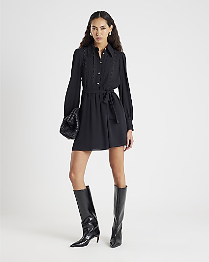 Black Long Sleeve Scallop Trim Shirt Dress