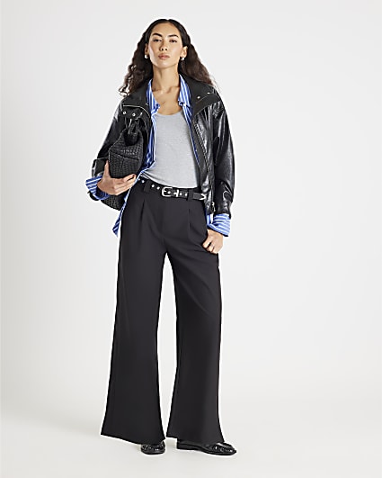 Black Studded Belt Wide Leg Trousers