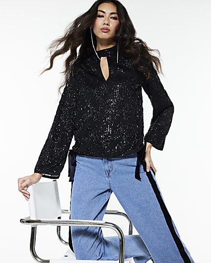 Black Sequin Keyhole Long Sleeve Top
