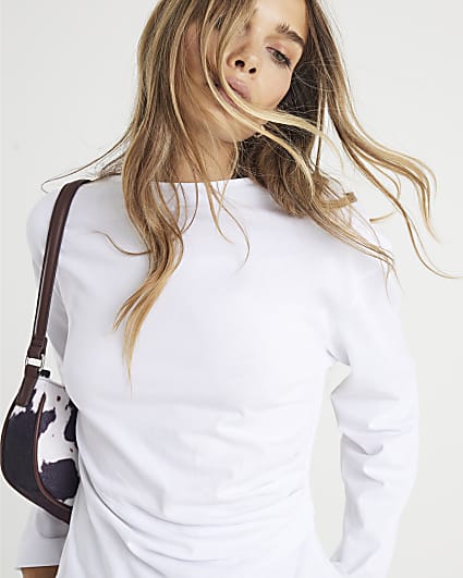 White Long Sleeve Drape Side Top