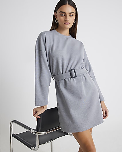 Grey Long Sleeve Belted Sweatshirt Dress