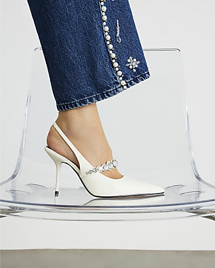 White Wide Fit Embellished Strap Heels