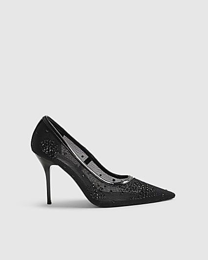 Black Embellished Mesh Court Heels