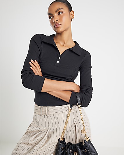 Black Long Sleeve Ruched Ribbed Polo Top