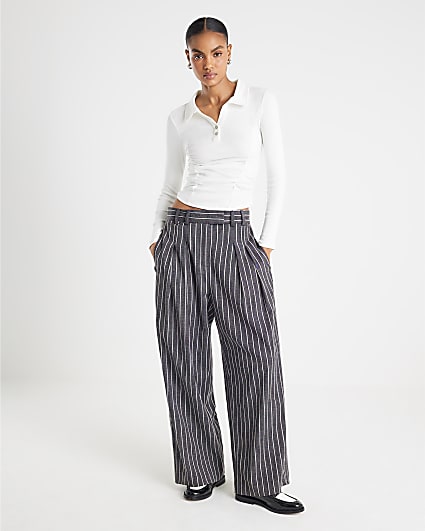 White Long Sleeve Ruched Ribbed Polo Top