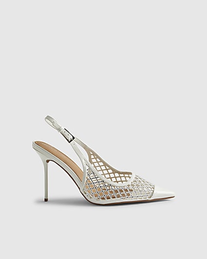 White Diamante Vinyl Sling Back Court Heels