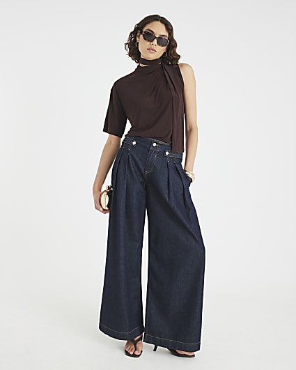 Brown One Shoulder Scarf Neck Detail T-shirt