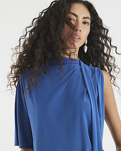 Blue Short Sleeve Scarf Neck Detail Top