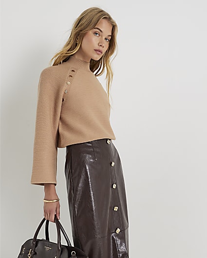Brown Knitted High Neck Jumper
