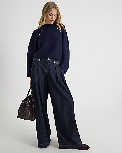 Navy Knitted High Neck jumper