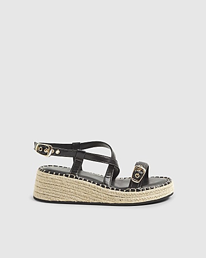 Black Cross Strap Sling Back Wedge Sandals
