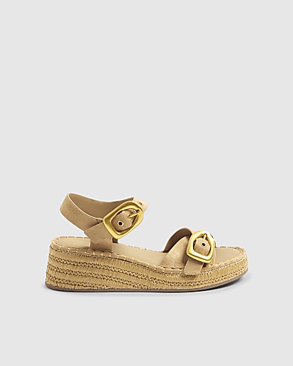 Beige Strap Buckle Wedge Sandals