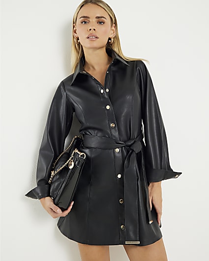 Petite Black Belted Faux Leather Shirt Dress