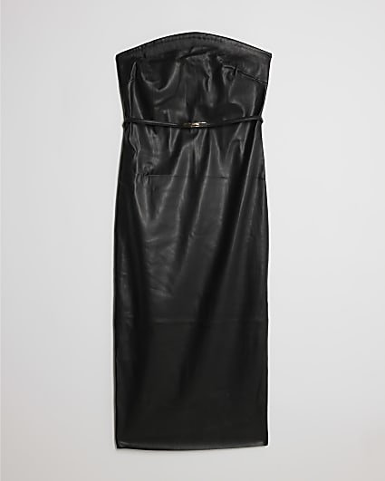 Petite Black Faux Leather Bandeau Midi Dress