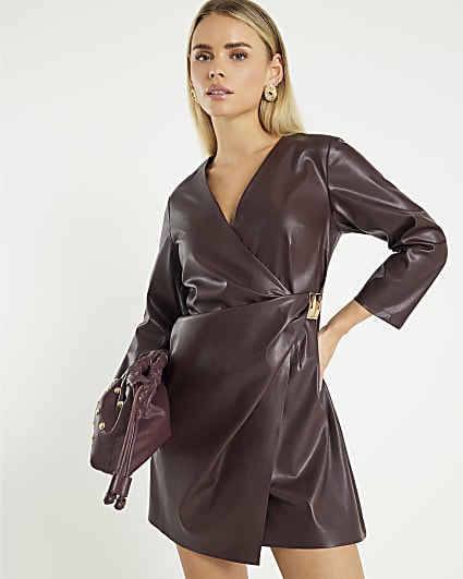 Petite Red Faux Leather Wrap Mini Dress
