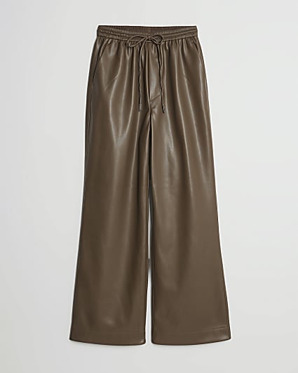 Petite Brown Faux Leather Wide Leg Trousers