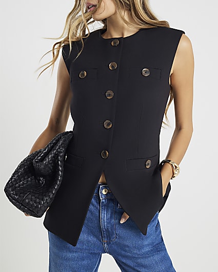 Black Sleeveless Button Up Waistcoat