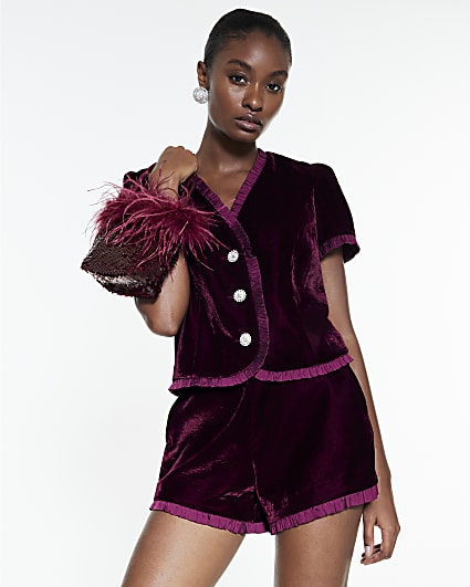Red Velvet Short Sleeve Frill Trim Top