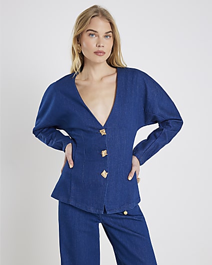Blue Denim Button front Long Sleeve Top