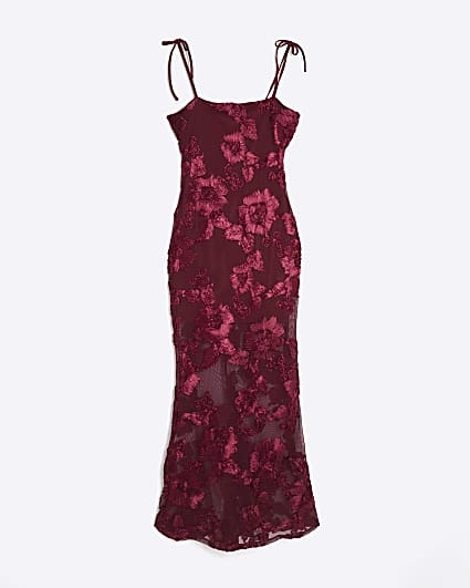 Petite Red Mesh 3D Floral Maxi Dress