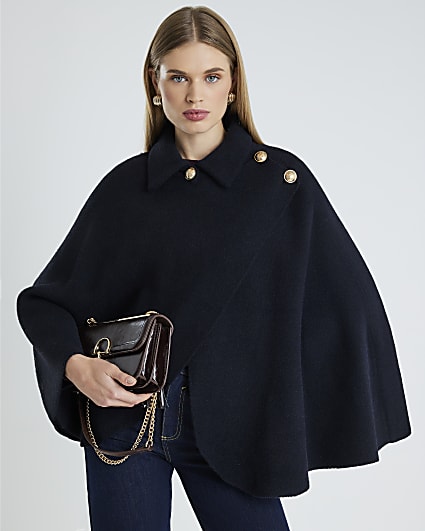 Navy Knitted Wrap Button Cape