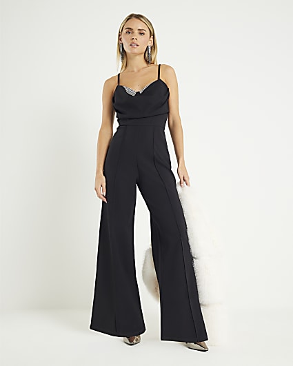 Petite Black Cowl Neck Embellished Jumpsuit