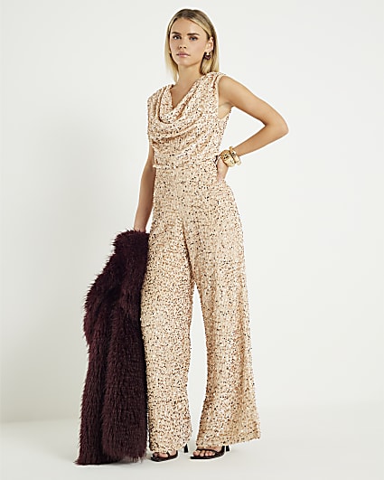 Petite Gold Sequin Cowl Neck Jumpsuit