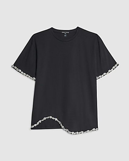 Petite Black Short Sleeve Diamante T-shirt