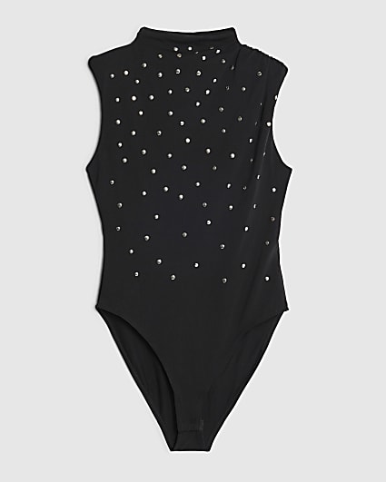 Petite Black Sleeveless Studded Bodysuit