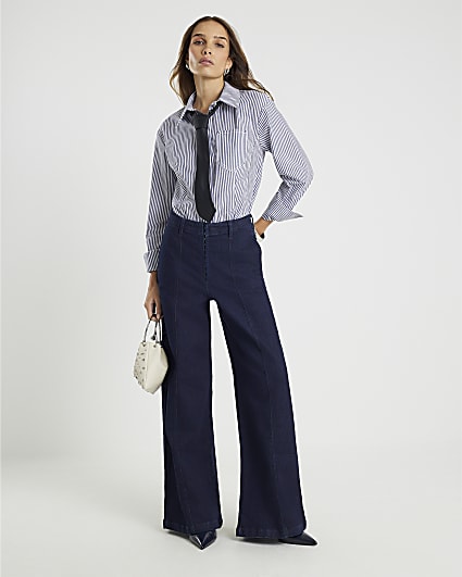 Blue Mid Rise Wide Leg Corset Jeans