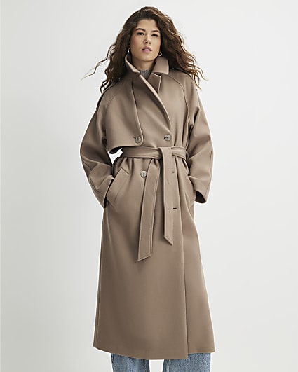 Brown Faux Wool Belted Trench Coat