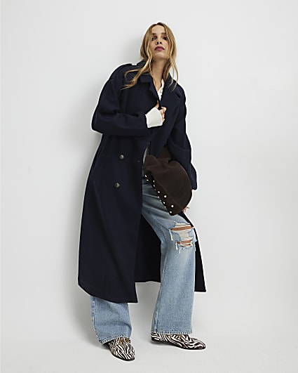 Navy Double Breasted Belted Trench Coat